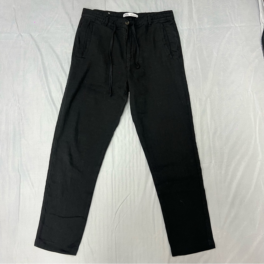 Zara Black Linen Casual Trousers Drawstring Waistband